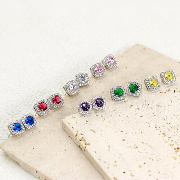 Women's Yellow Square Simulated Dainty Diamond Halo Sparkling Stud Earring - Picture 7 of 9